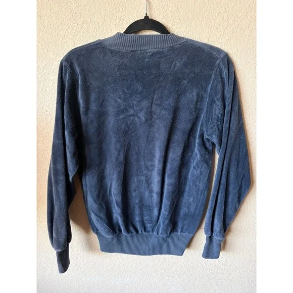Vintage Velour V-Neck Pullover Sweater Blue Ribbed Trim Blouson XS Top Womens - Picture 7 of 7